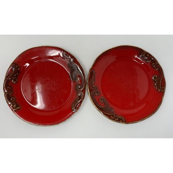 PIER 1 IMPORTS VANIA Salad Plates ~ Set of 5 ~ Brown Scrolls on Red ~ Italy - Picture 6 of 13